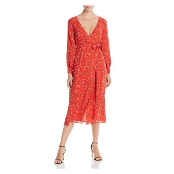 FAME AND PARTNERS Womens Red Long Sleeve Below The Knee Fit + Flare Dress 4